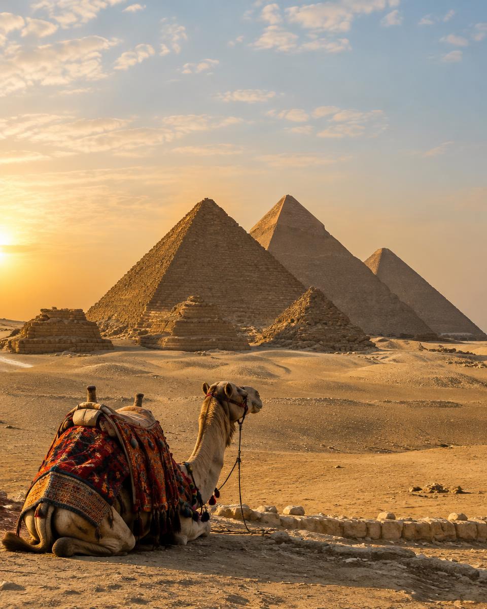 The Pyramids of Giza in golden desert light with a resting camel, Egypt