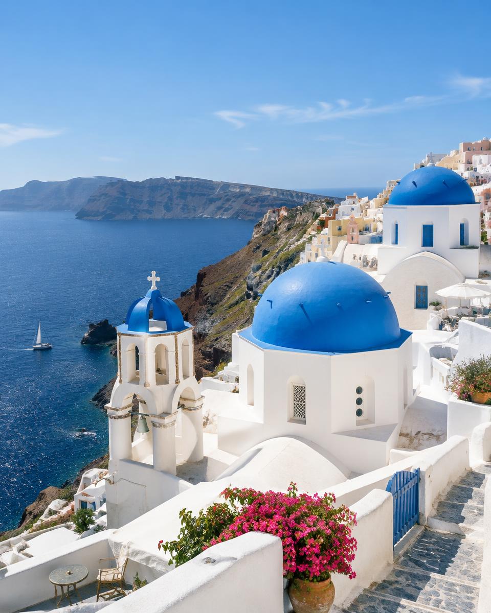 Blue-domed churches and whitewashed buildings above the Aegean Sea in Oia, Santorini, Greece