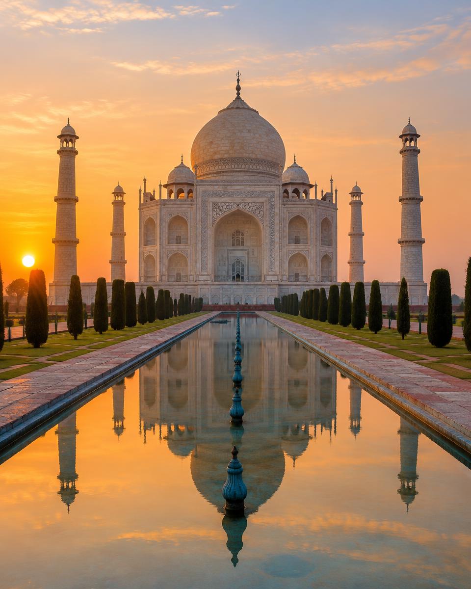 The Taj Mahal reflected in its long pool at sunrise in Agra, India