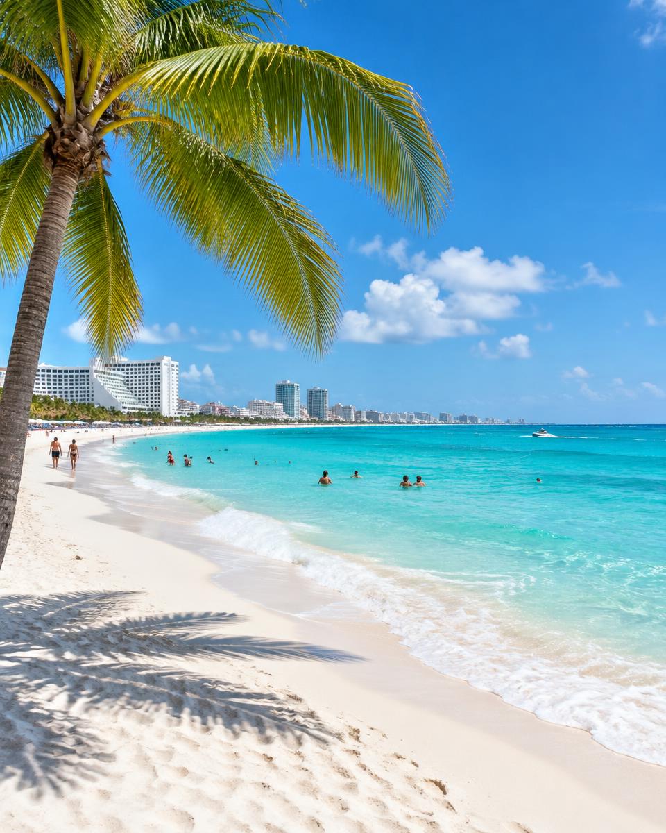 White sand beach with turquoise Caribbean water and a palm tree in Cancún, Mexico
