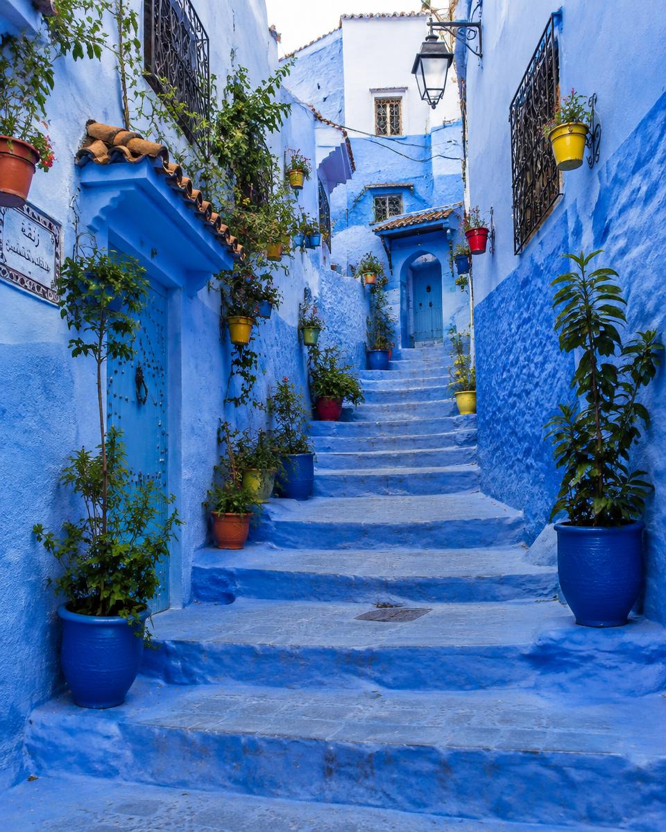 Blue-painted stairway lined with potted plants in Chefchaouen, Morocco