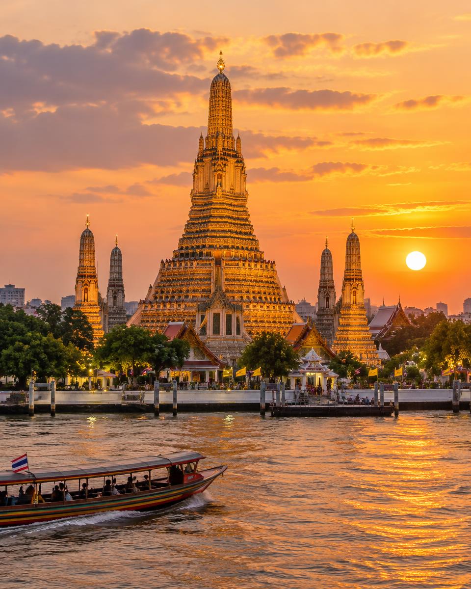 Wat Arun temple glowing at sunset beside the Chao Phraya River in Bangkok, Thailand