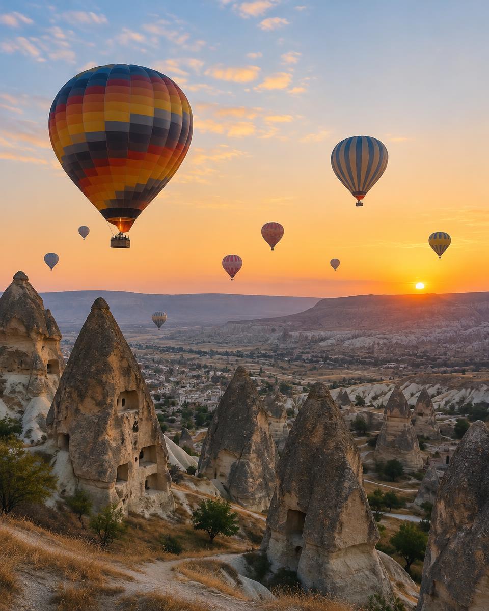 Hot air balloons drifting over the fairy chimneys of Cappadocia, Turkey, at dawn